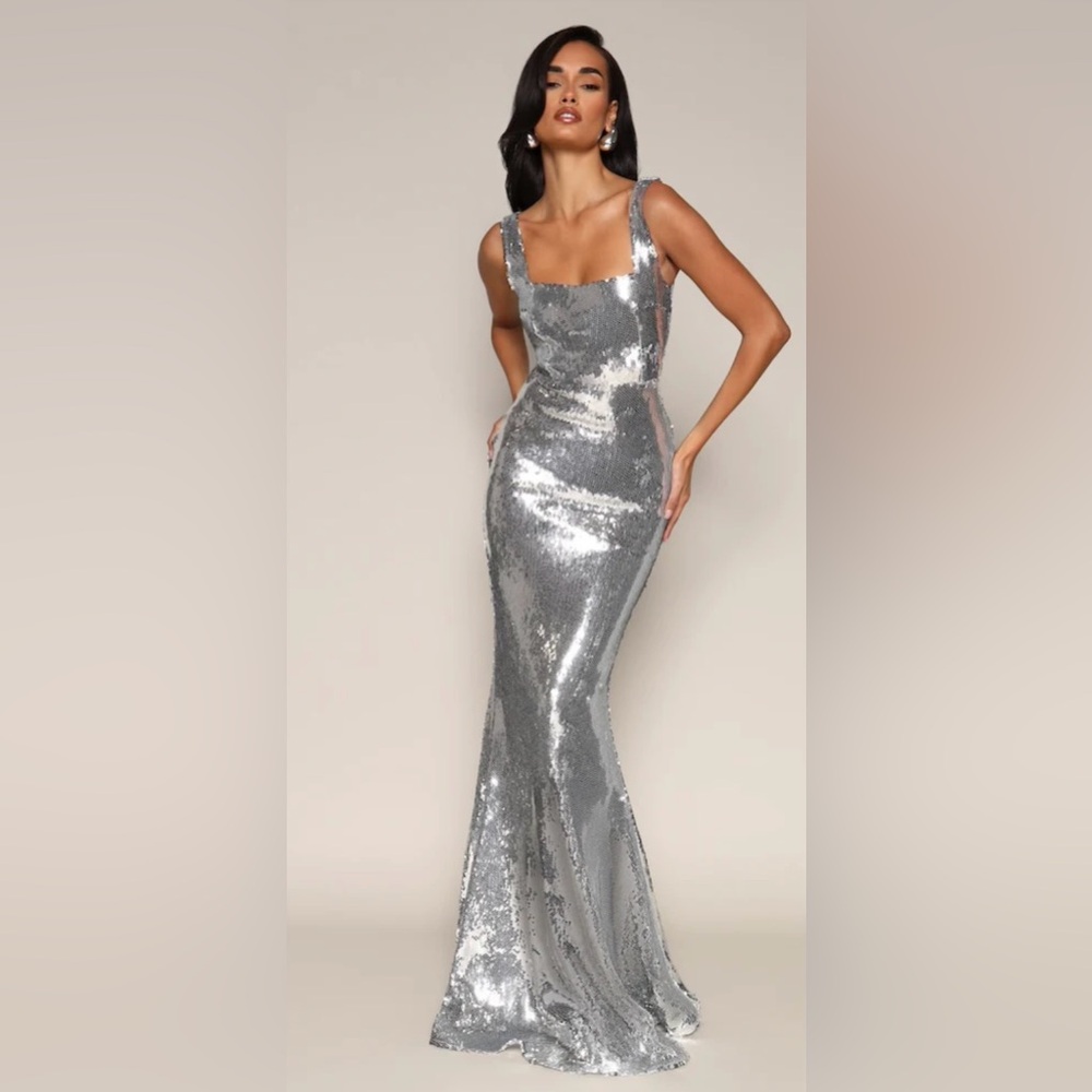 Elegant Silver Sequin Evening Gown